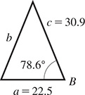 A triangle with sides ay = 22.5, b, and c = 30.9. Opposite side b is angle B = 78.6 degrees.