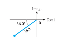 A position segment of 18.5 units goes to a point in quadrant 3 at angle 36.0 degrees with the negative real axis.