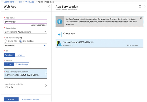 In this figure, a web app is being created in the Azure portal. Windows is selected as the operating system. The Publish setting can be set to Code or Docker Image, (Code is selected.) The Application Insights setting is set to Disabled. 