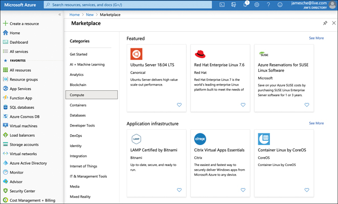 This figure shows the Azure Marketplace in the Azure portal. On the left side is the portal menu. The first option is Create A Resource, which has been clicked. A list of categories is visible to the right of the menu, and Compute has been clicked. A list of featured templates appears to the right of categories, and Ubuntu Server is one of those templates. 