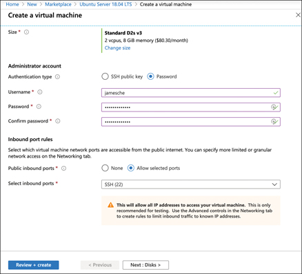 In this figure, the create screen for a VM is shown, but the browser window has been scrolled further down the page to display the administrator account settings. Password has been chosen as the authentication type, and a Username and Password has been entered into the requisite fields. The password has been entered again in the Confirm Password box. A Next button appears at the bottom of the screen.