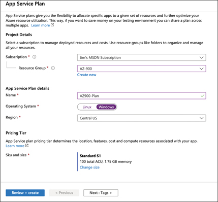 This figure shows an App Service plan being created in the Azure portal. The resource group has been set to the existing AZ-900 resource group. AZ900-Plan has been entered as the name, Windows has been selected as the operating system, and Central US has been selected for the region.