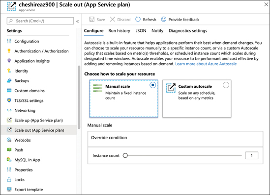 This figure shows a web app in the Azure portal. A menu on the left side offers many options for configuration and management. Scale Out has been clicked in the menu, and the right side of the screen shows options for scaling out the web app.