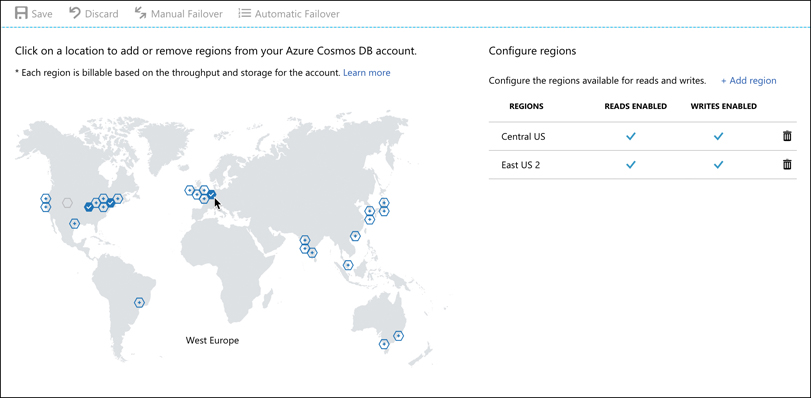 This figure shows the replication settings for Cosmos DB in the portal. A global map is displayed, and circular icons represent regions where Cosmos DB is available. 