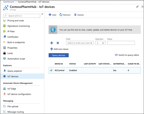 This figure shows IoT Hub in the Azure portal. In the menu on the left, IoT Devices has been clicked. In the pane on the right, an IoT device named ACControl is shown in a table.