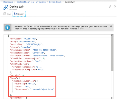 This figure shows the JSON representation for a device twin in the Azure portal. A section for tags has been highlighted showing several name-value pairs.