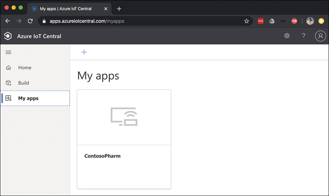 This figure shows the IoT Central homepage. My Apps has been clicked in the menu on the left, and a tile is visible for the ContosoPharm app with a My Apps heading. Above the heading is a plus sign button.