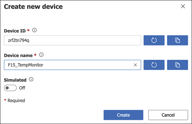 This figure shows a new device being created. The device ID has been entered, and the device name has been set to F15_TempMonitor. A Create button appears at the bottom of the screen.