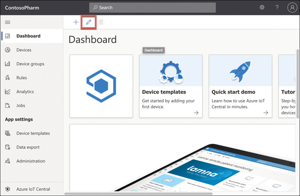 This figure shows the dashboard screen for an IoT Central application. Various tiles appear on the dashboard. Above those tiles is an Edit button for editing the dashboard.