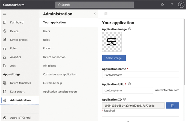 In this figure, the Administration page for an IoT Central application is shown. Administration has been clicked in a menu on the far left. An administration menu shows items for Users, Roles, and so on. To the right of that, an icon for the application is shown with a Select Image button for changing the icon. Textboxes are available for the Application Name and Application URL, so you can modify those if desired.