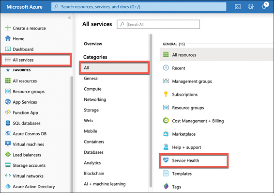 This screen shows the Service Health menu option in the Azure portal. The All Services menu item has been clicked, and under Categories, All has been selected. To the right of that, the General menu is visible with the Service Health menu item highlighted.