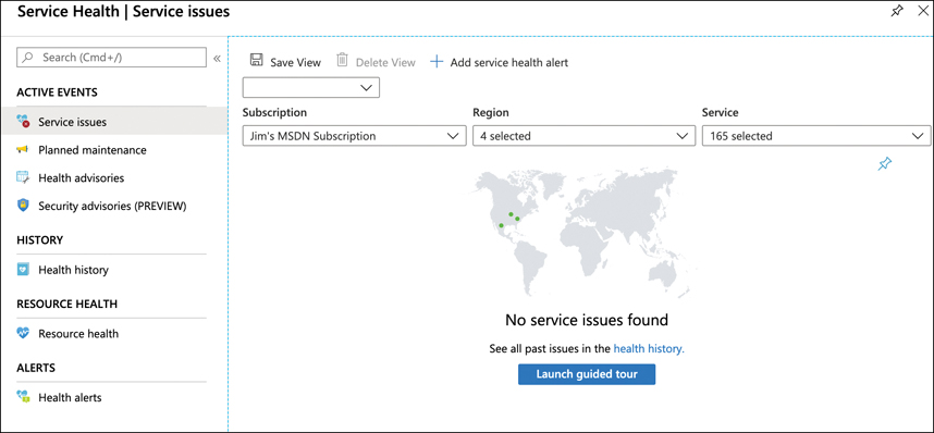 This figure shows Service Health in the Azure portal. A world map displays green dots where resources are currently deployed, and a message states that no service issues are found.