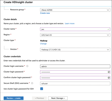 This figure shows an HDInsight cluster being created. A textbox is shown for the Cluster Name, Cluster Login Username, and Cluster Login Password. Drop-down menus are available for the Region and cluster Version. In this figure, Hadoop 2.7.3 (HDI 3.6) has been chosen from the Version drop-down menu.