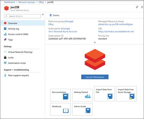 This figure shows an instance of Azure Databricks in the Azure portal. A menu on the left provides options to manage and configure the instance. On the right, properties of the instance are shown, along with a large Launch Workspace button.