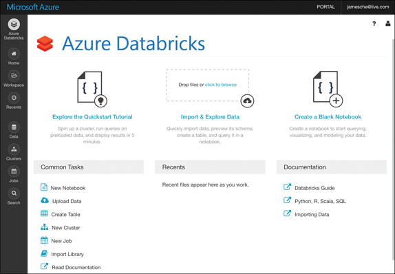 This figure shows the Databricks workspace. Buttons are visible on the left of the page, and links to perform common tasks are visible on the main screen.