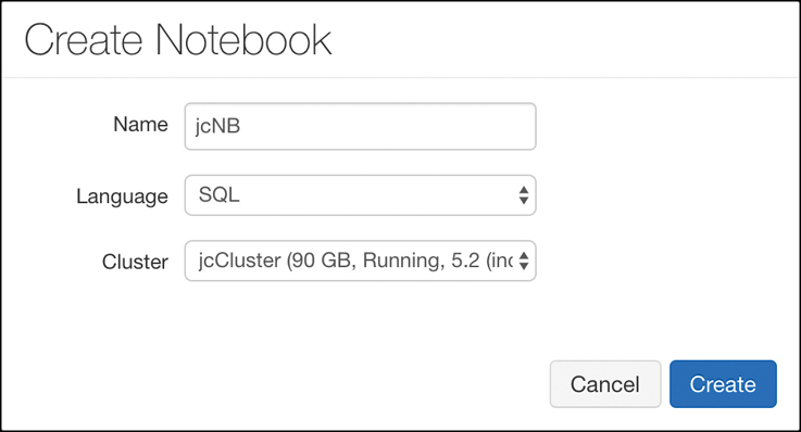 In this figure, a new notebook is being created. The name has been set to jcNB, and SQL has been selected as the language.