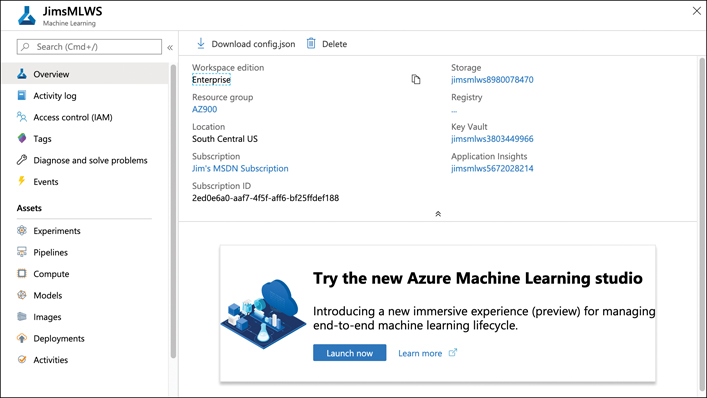 This figure shows the Azure Machine Learning workspace. A menu of configuration and management options is available on the left side. On the right is a large Launch Now button for launching the studio.