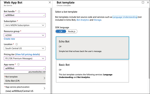 This figure shows a Bot Service app being created. On the left, the Bot Handle (name) has been entered and a Resource Group, Location, and Pricing Tier have been selected. The Echo Bot (C#) bot template has been selected, and on the right, settings are available for that template.
