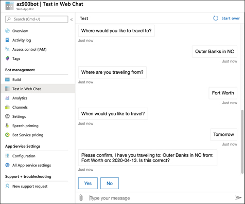 This figure shows the built-in test feature for a chat bot. A screen is shown that looks like a typical chat dialog box and phrases have been entered to test the bot's response. 