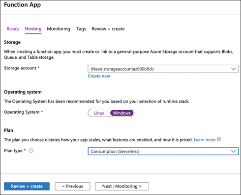 Hosting options for a Function App are shown in this figure. You can choose between Linux or Windows (Windows is selected). From the Plan Type drop-down menu, Consumption (Serverless) has been selected.