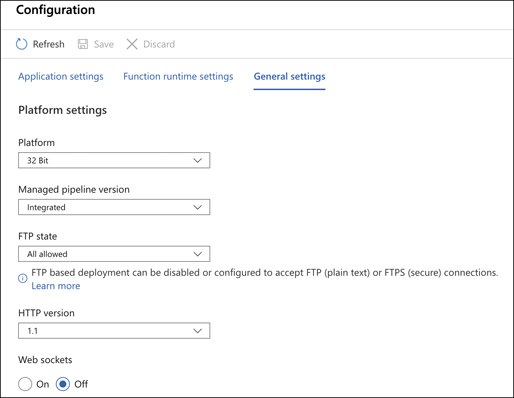 Function App configuration is shown in this figure. Drop-down menus allow you to configure the Platform, Managed Pipeline Version, and FTP State (whether FTP is enabled and secure).