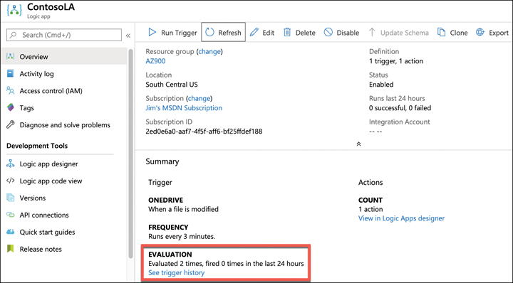 This figure shows the Logic App in the Azure portal. The Overview menu item has been clicked, and in the Summary section, an Evaluation field shows how many times the trigger has been evaluated and fired. Beneath that, a See Trigger History link appears.