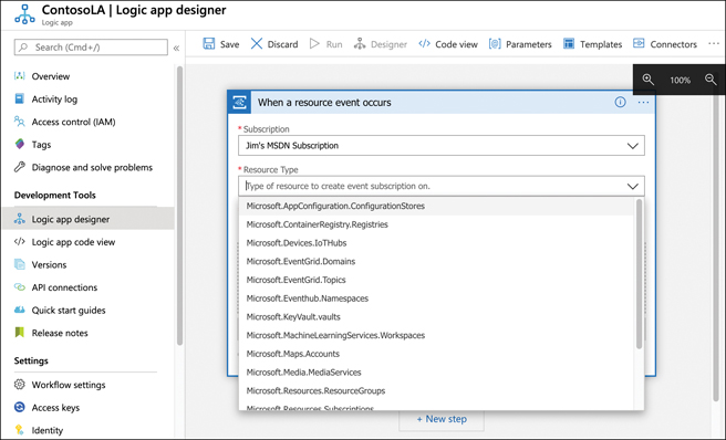 This figure shows an Event Grid connector being configured in a Logic App. The Resource Type drop-down menu shows a list of resource types in Azure.