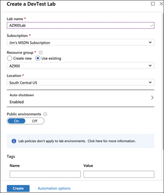 This figure shows a DevTest lab being created in the Azure portal. A Lab Name, Resource Group, and Location have been specified. At the bottom of the screen, a Create button completes the process of creating the lab.