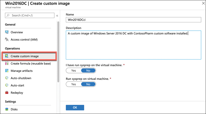 This figure shows the settings for creating a custom image in the Azure portal. A Name and Description have been entered. An OK button at the bottom of the screen completes the process.