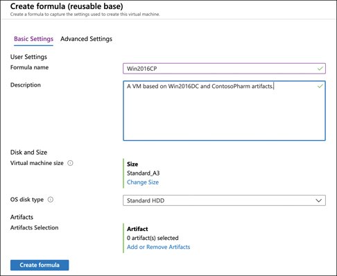 This screen shows the basic settings for a new formula. A Formula Name and Description have been entered. Options are available for OS Disk Type and Virtual Machine Size, as well as Artifacts Selection.