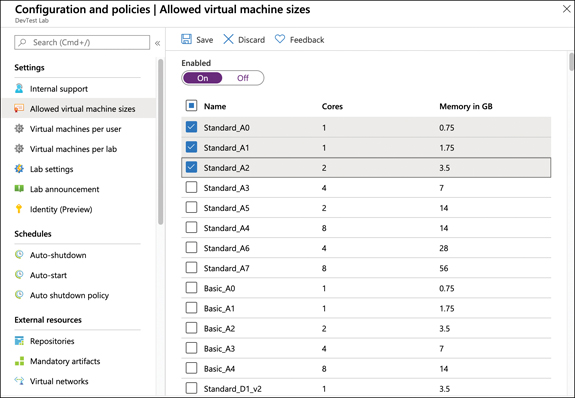 In this figure, a policy is being configured for allowed VM sizes. A list of VM sizes is shown with checkboxes, and the first three Standard sizes have been checked. The On option has been selected for the Enabled setting.