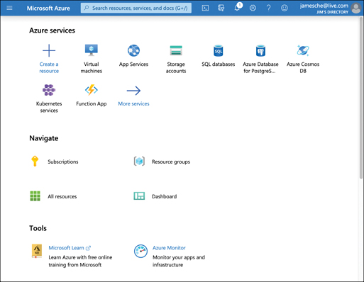 This figure shows the home screen in the Azure portal. Icons are available for one-click access to many Azure services. A link is available to create a new resource. A Navigate section contains links for service types. In the upper right is the account name that is logged in.
