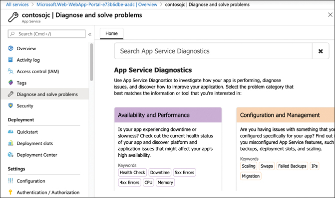 In this figure, Diagnose And Solve Problems has been clicked in the menu on the left. The content in the right portion of the screen has been replaced with the Diagnose And Solve Problems options.