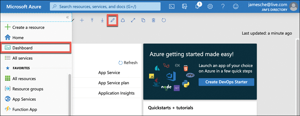 In this figure, Dashboard has been clicked in the menu on the left. On the Dashboard screen, a series of buttons appears at the top, including an Edit button, which is highlighted. A plus sign also appears in the menu.