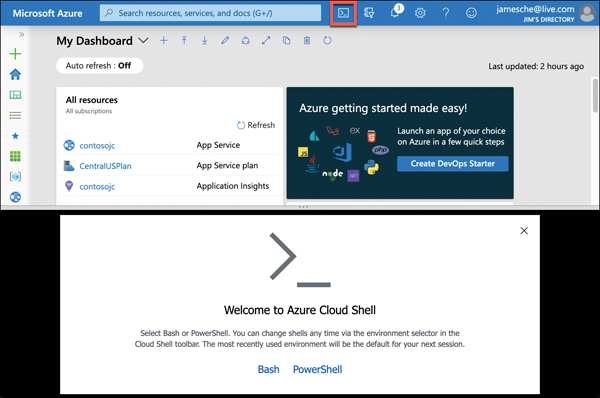 This figure shows Cloud Shell in the portal. The Cloud Shell UI has replaced the bottom portion of the screen. Links are available to choose between Bash and PowerShell.