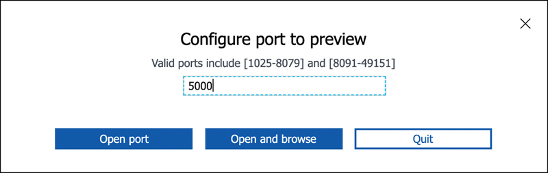 This figure shows the port configuration options for Cloud Shell. 5000 has been entered as the port number. An Open Port and Open And Browse button appear below the entry.