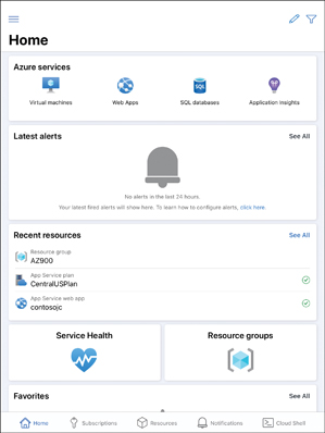 This figure shows the Azure mobile app. Sections with links are available for Azure Services, Recent Resources, and so forth. Buttons at the bottom are Home, Subscriptions, Resources, Notifications, and Cloud Shell.
