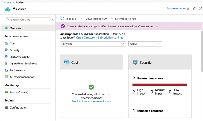 This figure shows Azure Advisor in the portal. Menu options for configuration appear on the left. In the main screen, tiles appear for Cost and Security. The Security section shows two High Impact recommendations.