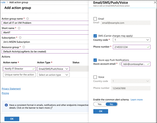 This figure shows an action being created. The SMS (Carrier Charges May Apply) box has been selected, and a Phone Number has been entered. The Azure App Push Notifications button has also been checked, and an Azure Account Email address for an Azure account has been entered. An OK button is at the bottom of the screen.