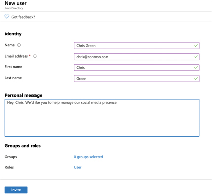 In this figure, the New User blade is shown in the portal. The new user's Name and Email Address are entered, along with a Personal Message for the user, which will be included in the email Azure AD sends.
