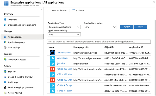 In this figure, the Enterprise Applications blade is shown. A list of applications already in the directory is shown. At the top of the list is a New Application button.