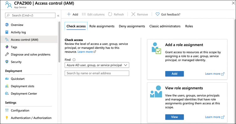 In this figure, the RBAC blade for a web app is shown in the Azure portal. At the right of the screen is the Add A Role Assignment tile, and an Add button allows you to grant access to resources at this scope by assigning roles to users, groups, service principals, or managed identities.