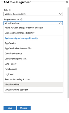 In this figure, the Add Role Assignment blade is shown again, but this time, the Assign Access To drop-down menu is being set to a system-assigned managed identity named Virtual Machine.