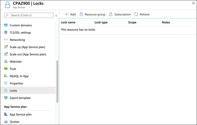 This figure shows a web app in the Azure portal. Locks has been clicked in the menu on the left, and the Locks blade on the right shows an Add button, a Resource Group button, and a Subscription button.