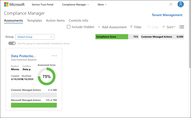 This figure shows Compliance Manager. The page shows an assessment of data protection and has a 75 percent rating. Graphs show how many actions managed by the customer have been addressed and how many have been addressed that are managed by Microsoft. The Data Protection Baseline heading is a hyperlink that takes you to more details.