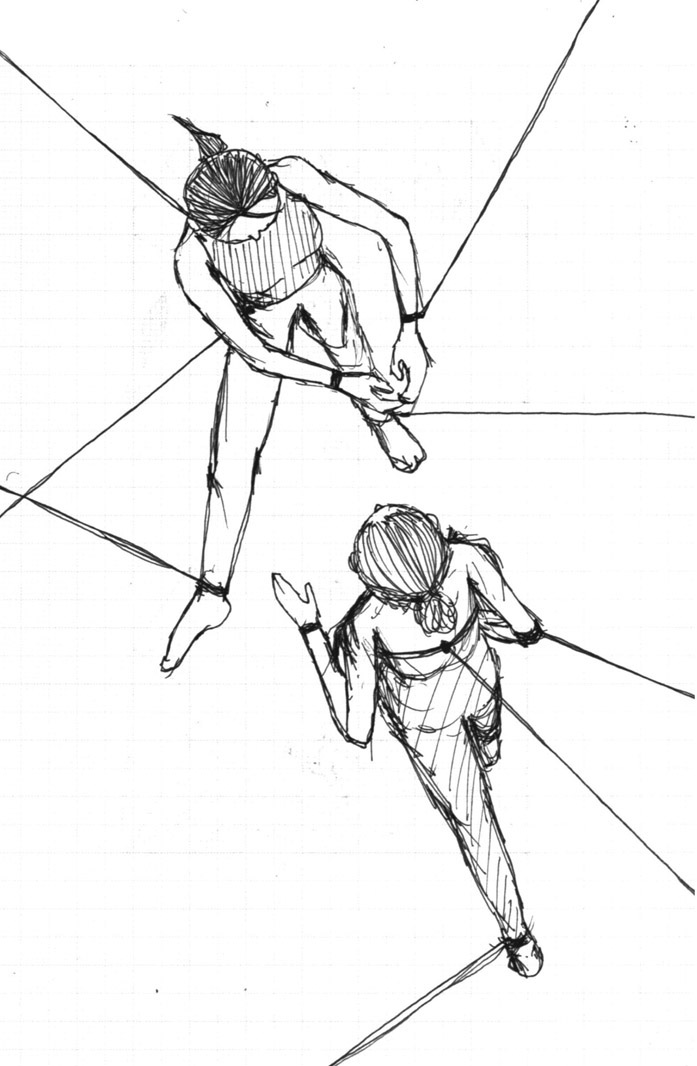 Figure 22.1 Sketch of two dancers tethered with the cables of the Gametrak controllers.