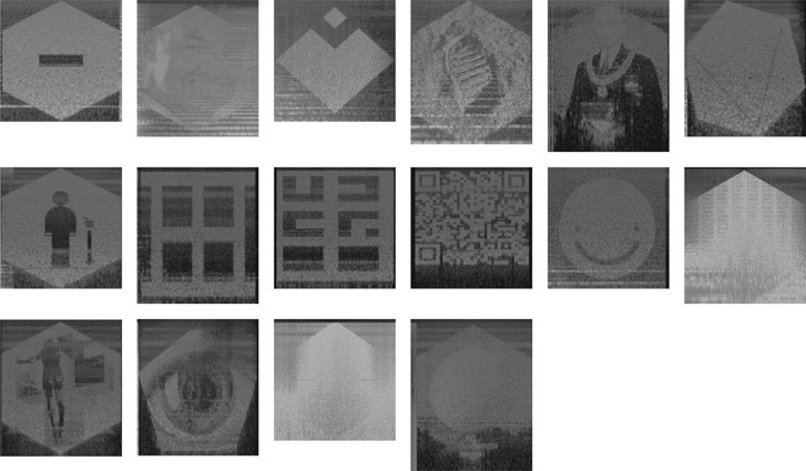 Figure 23.4 Spectrograms of the sonified images found within the audio of Disasterpeace’s FEZ soundtrack.