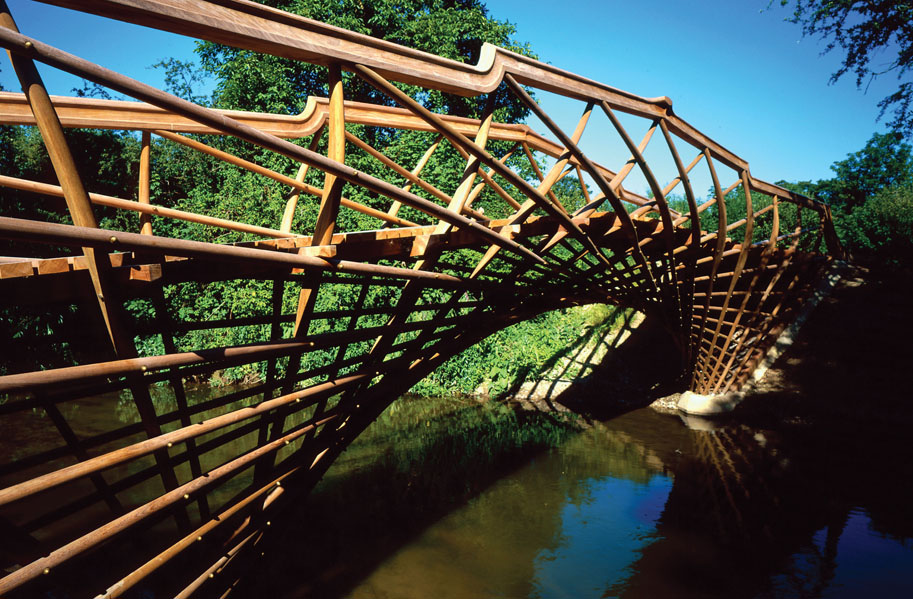 46. The Luxmore Bridge, Eton College, designed by Atelier One and Jamie McCulloch – a reciprocal structure in which a number of short structural elements are assembled to span further than their individual lengths