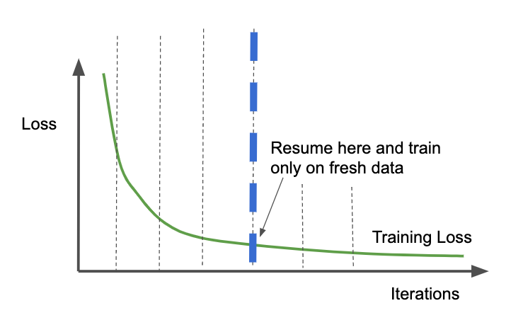 Resume from a checkpoint from before the training loss starts to plateau. Train only on fresh data for subsequent iterations.