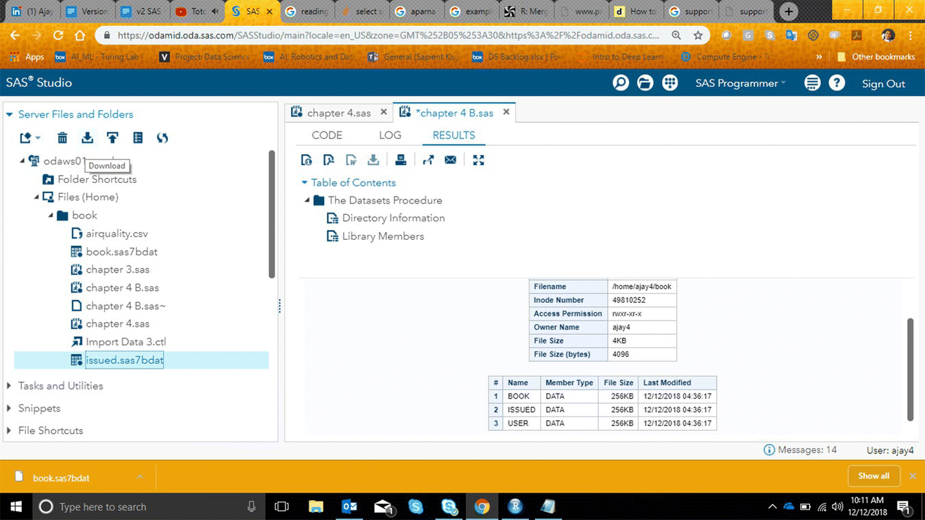 Screenshot displaying download data in SAS Studio.